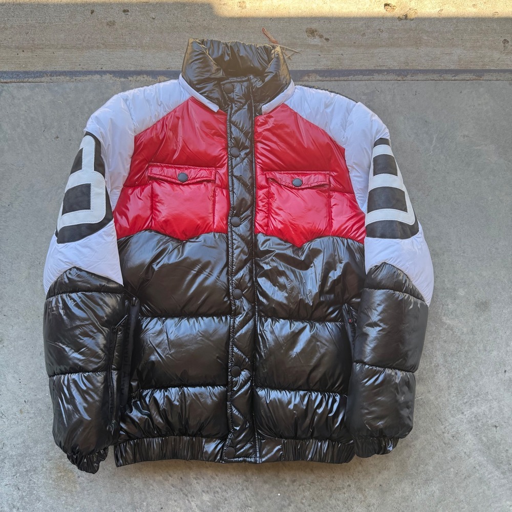 Awaknd Land 8 Ball Puffer Jacket Mens Medium Black Red White Look Padded Coat